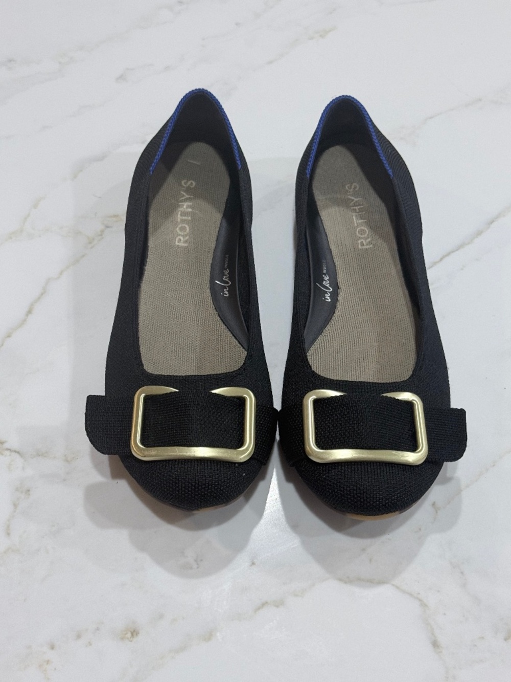 Rothy's Emblem Ballet Flat with Gold Buckle- Black, Size 9.5